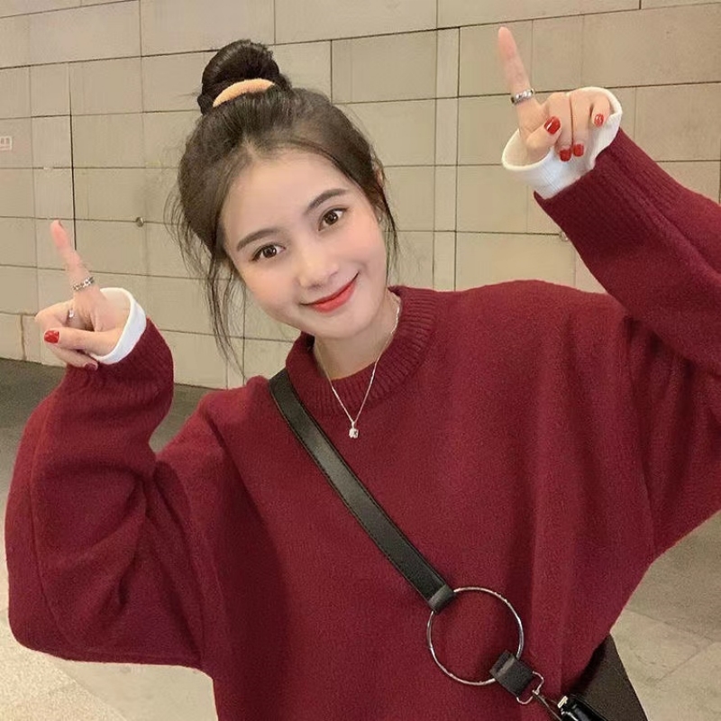 Autumn and winter new Christmas and New Year red Korean style lazy retro sweater loose round neck pullover sweater for women