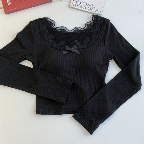 Real shot ~ Bow lace stitching square neck T-shirt winter warm sleeveless base layer with chest pad