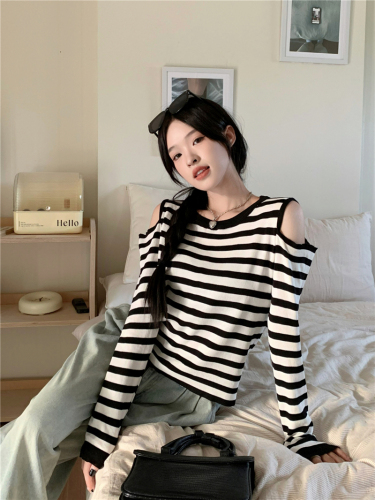 Real shot of designer off-shoulder striped versatile long-sleeved knitted bottoming shirt T-shirt top for women