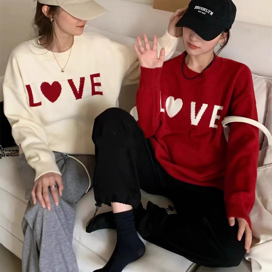Best friend outfit, couple outfit, love pullover sweater for women, lazy style, loose, slim, foreign style, versatile sweater, college style
