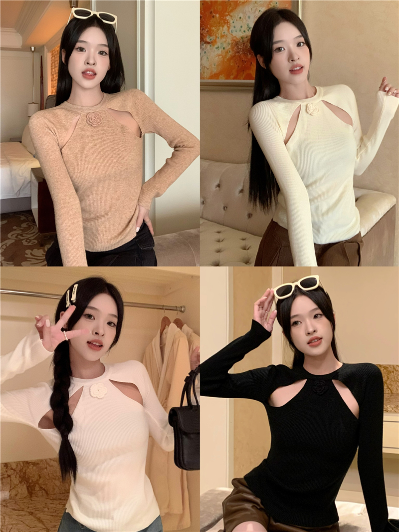 Real shot of Western-style hollow three-dimensional flower anti-balloon slim fit and versatile long-sleeved knitted inner T-shirt top for women