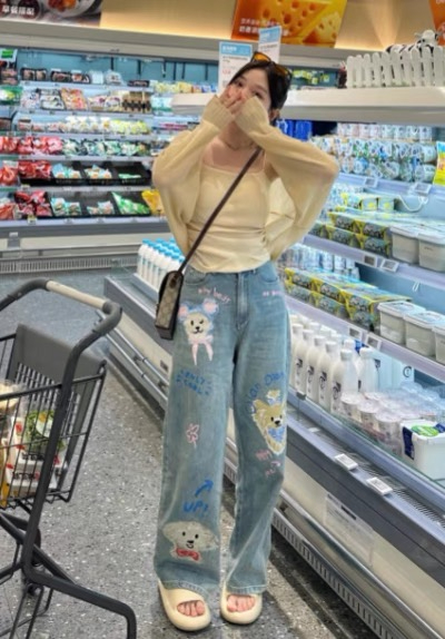 多巴胺卡通印花高腰闊腿褲女2023秋冬季新款設計感塗鴉直筒牛仔褲
