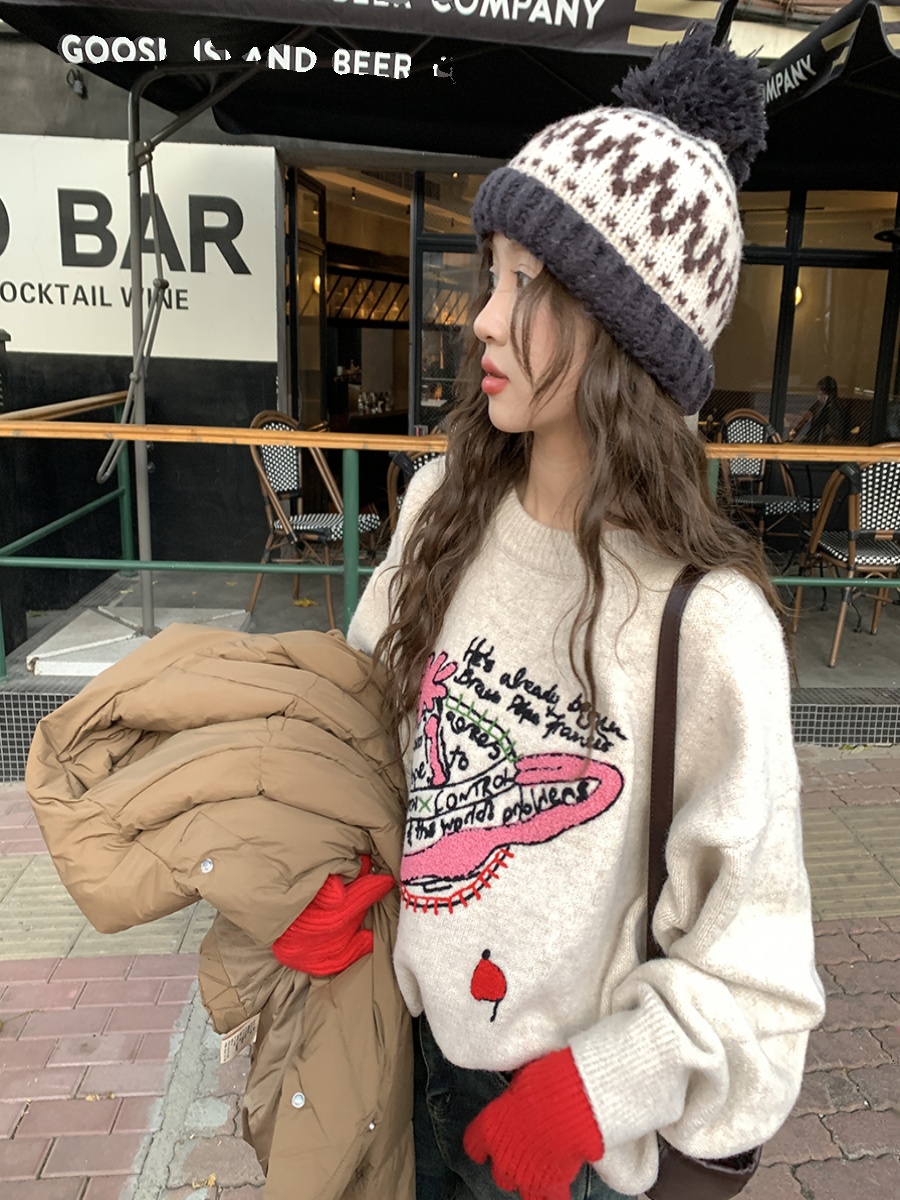 Xinbangbang sweet age-reducing cartoon jacquard letter sweater for women 2023 autumn and winter new versatile pullover sweater