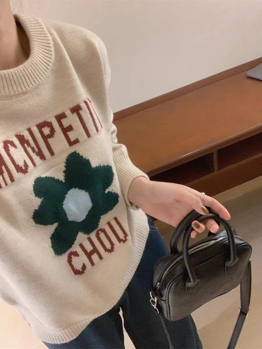 秋冬新款ins風小眾提花毛衣女小清新氛圍感花朵針織衫上衣潮