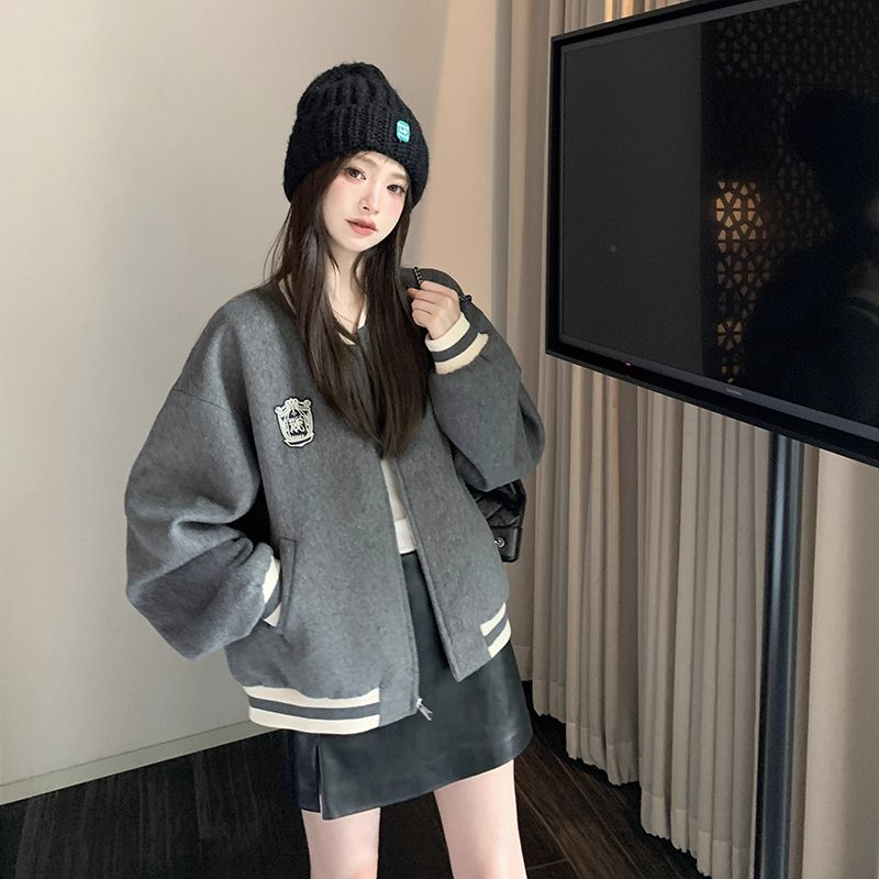 American retro small baseball uniform short coat thick women's loose casual college style gray jacket top autumn and winter