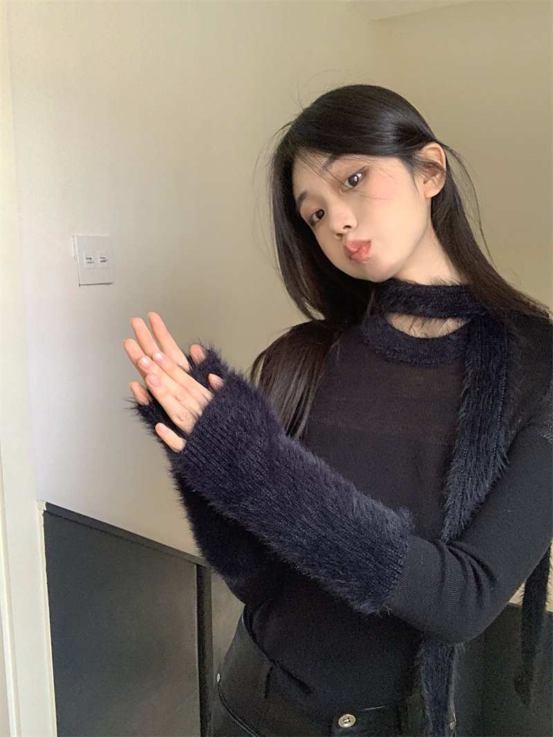 實拍  純欲拼接內搭毛衣打底水貂毛針織上衣帶圍巾