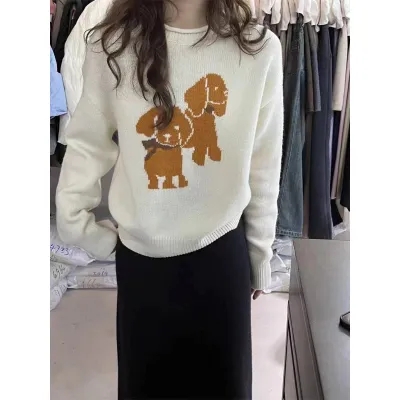 Eye-catching cute DOG cartoon woven round neck loose pullover sweater, casual and versatile for women