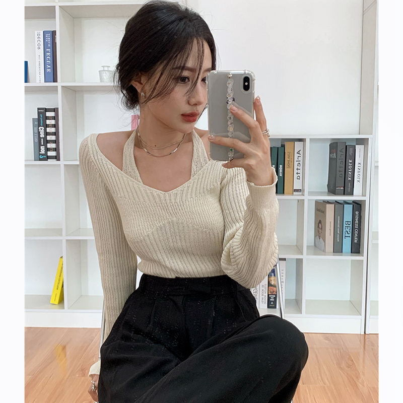 Autumn new style discreet lace-up sexy hottie collarbone-exposed knitted sweater for women to wear inside and outside, slim long-sleeved top
