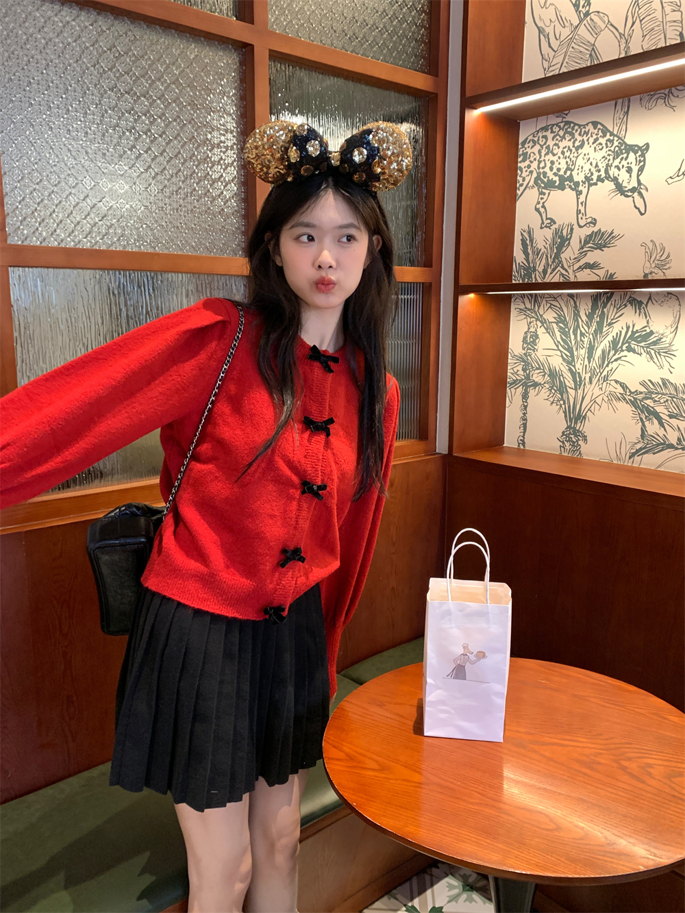 實拍蝴蝶結聖誕氛圍感紅色燈籠袖毛衣顯瘦百褶裙減齡套裝女