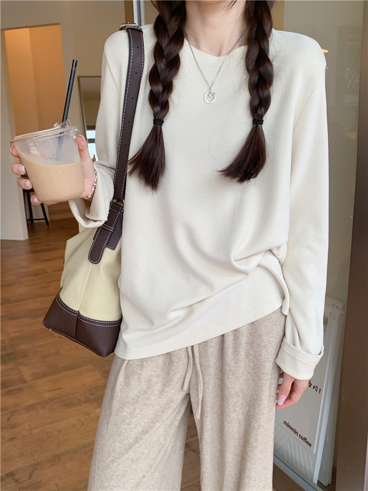 實拍~雙面德絨長袖T恤女寬鬆顯瘦純色打底衫