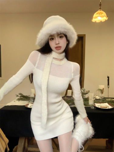 Real shot of see-through splicing plush knitted dress with hip collar, autumn and winter bottoming skirt, women's wool knitted sweater