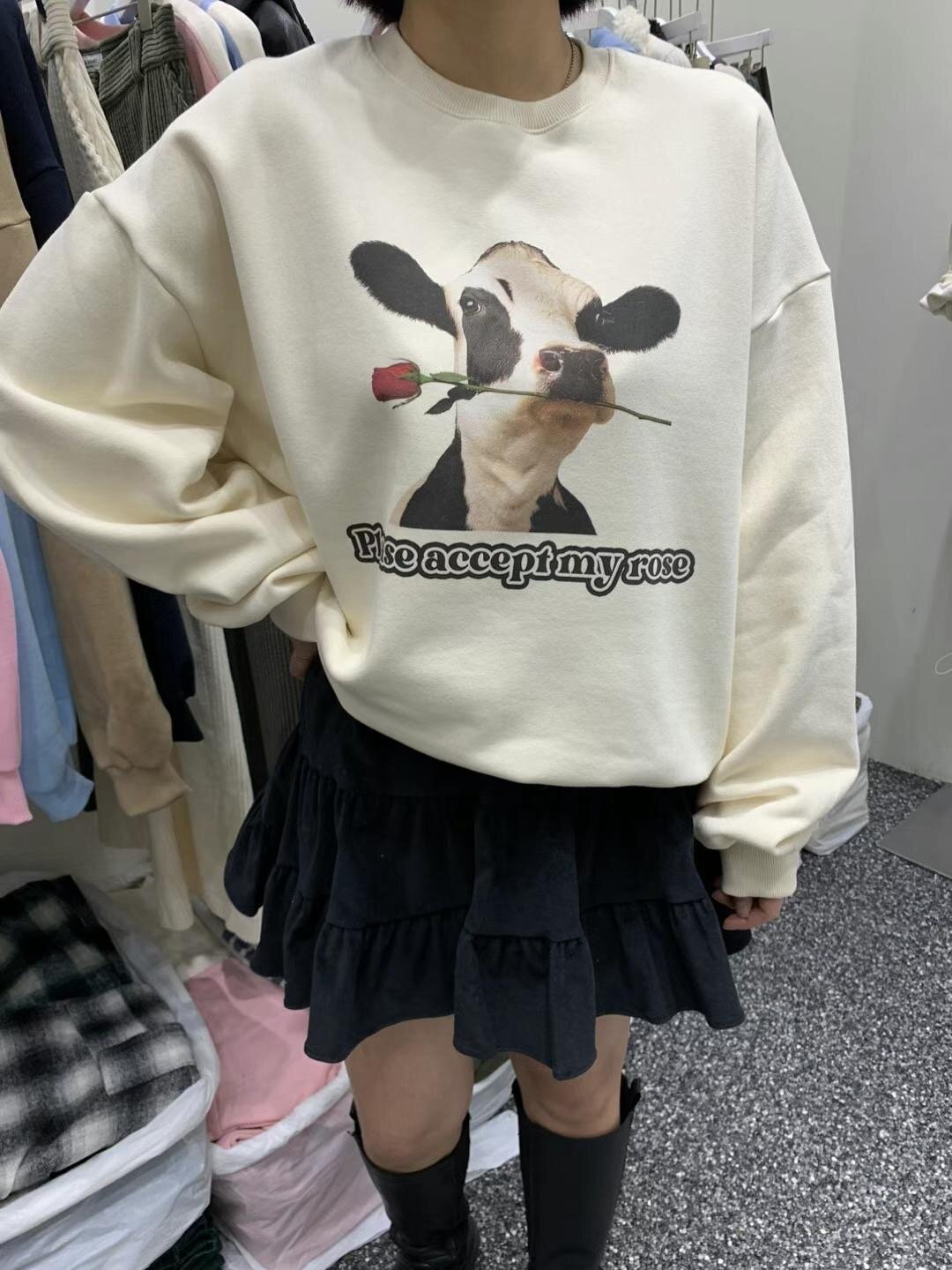 Official photo Chinese cotton composite thin 310g/plus velvet 410g autumn and winter sweatshirt for women with printed loose large size