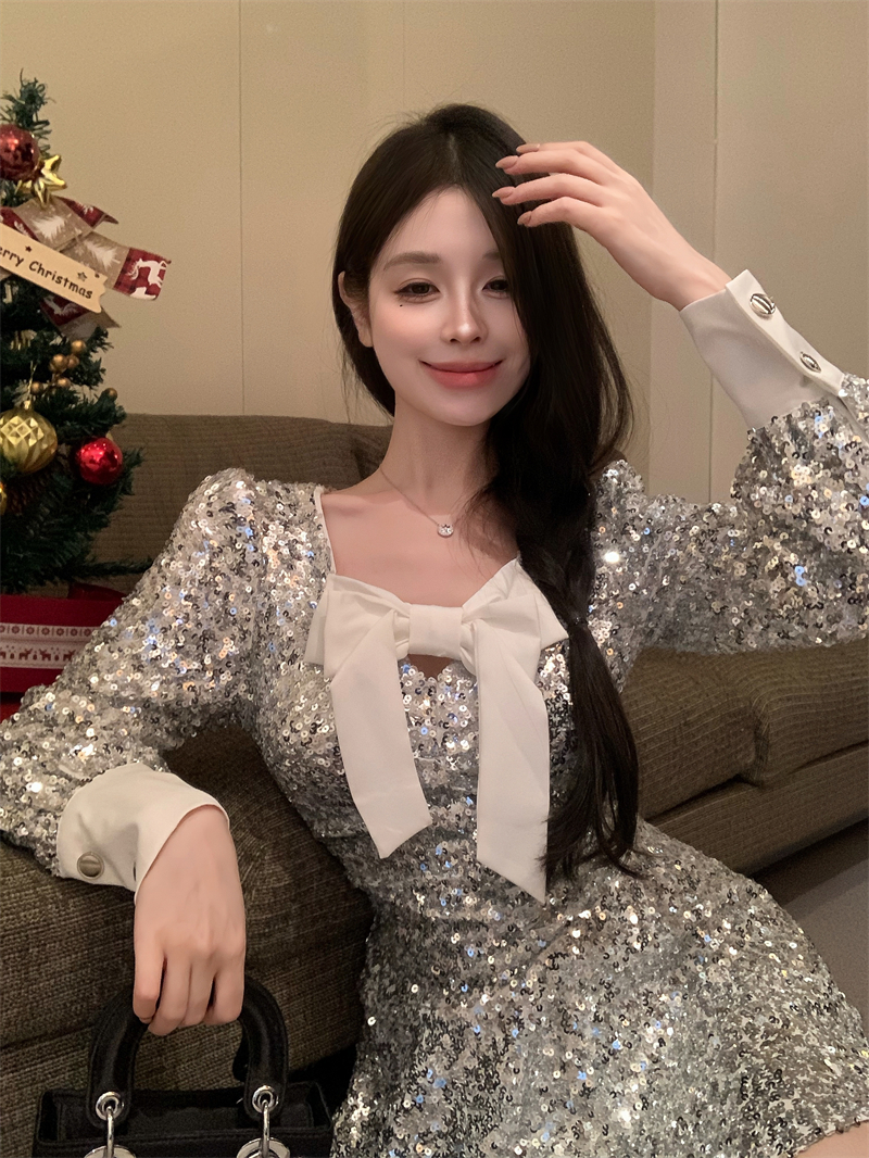 實拍 璀璨月光 聖誕公主蝴蝶結亮片生日小禮裙
