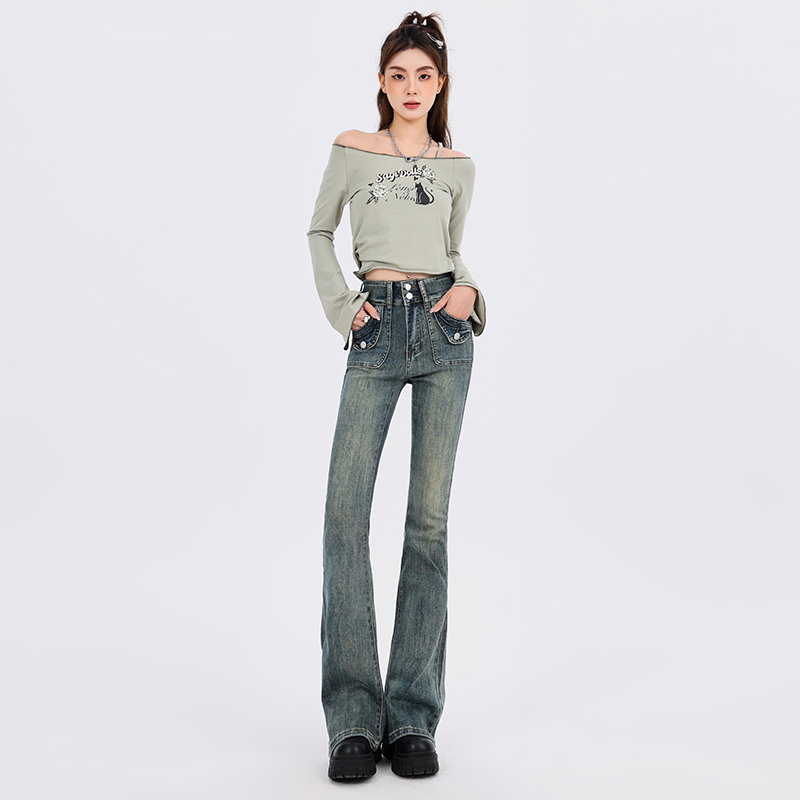 Actual shot of 2024 early spring retro hottie slim stretch raw edge floor-length bell-bottom pants