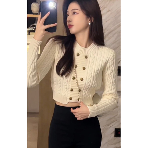 Autumn and winter new retro twist slim double-breasted sweater cardigan feminine short pure desire gentle style bottoming shirt