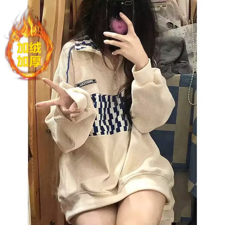 華夫格衛衣女冬季潮流寬鬆半拉鏈翻領polo衫港風潮牌休閒加絨外套
