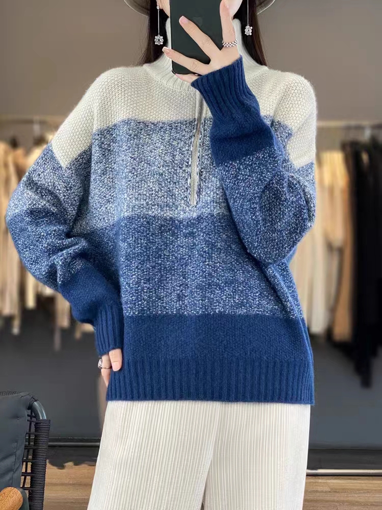 100%羊絨衫女漸變色拉鏈半開領加厚毛衣寬鬆慵懶風羊毛針織打底衫