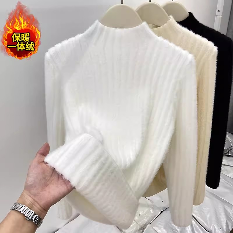水貂絨一體白色針織毛衣女秋冬內搭加絨氣質高級感半高領打底上衣