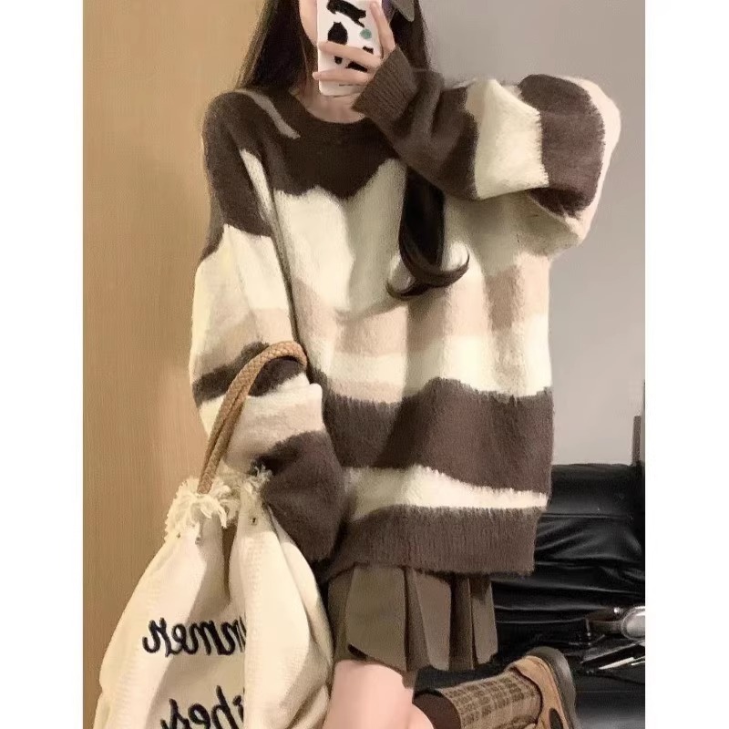 Lazy style soft waxy retro knitted striped sweater women's loose 2023 autumn and winter thick new design niche top