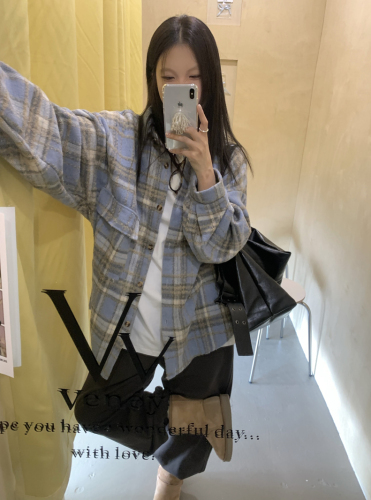 Retro American Polo collar plaid coat for women, autumn and winter Korean style loose woolen cardigan, lazy style casual top