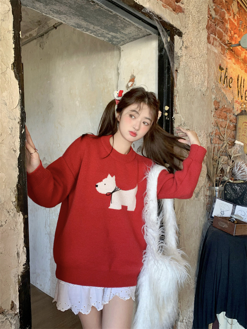 Puppy Three-dimensional Bow Thickened Sweater Women's 2023 Winter New Loose Knit Sweater Sweet Age-Reducing Top