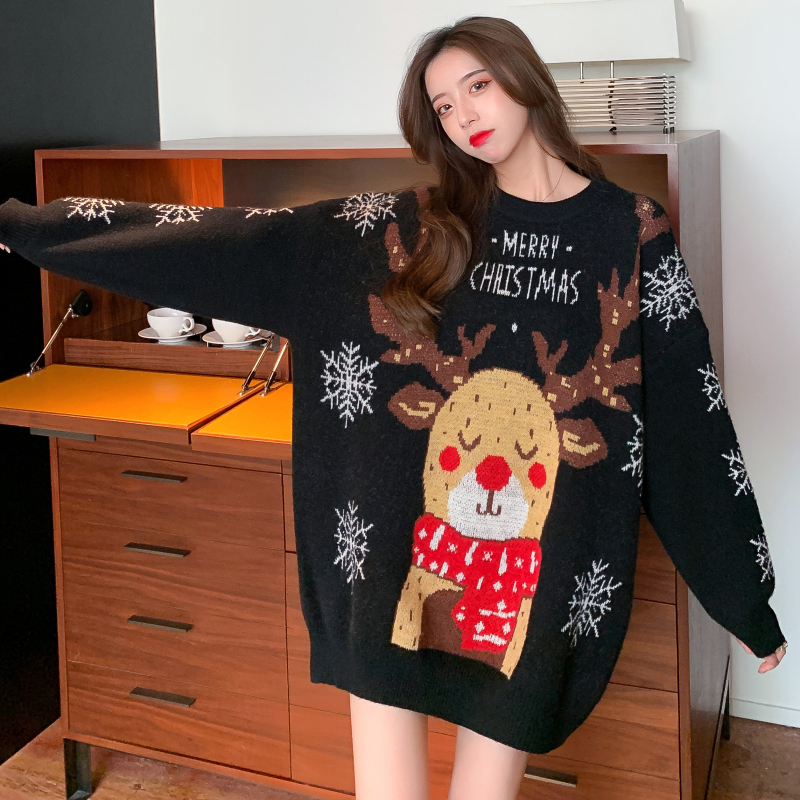 Real shot of Christmas elk sweater for women in autumn and winter, large size, lazy style, college sweet mid-length sweater