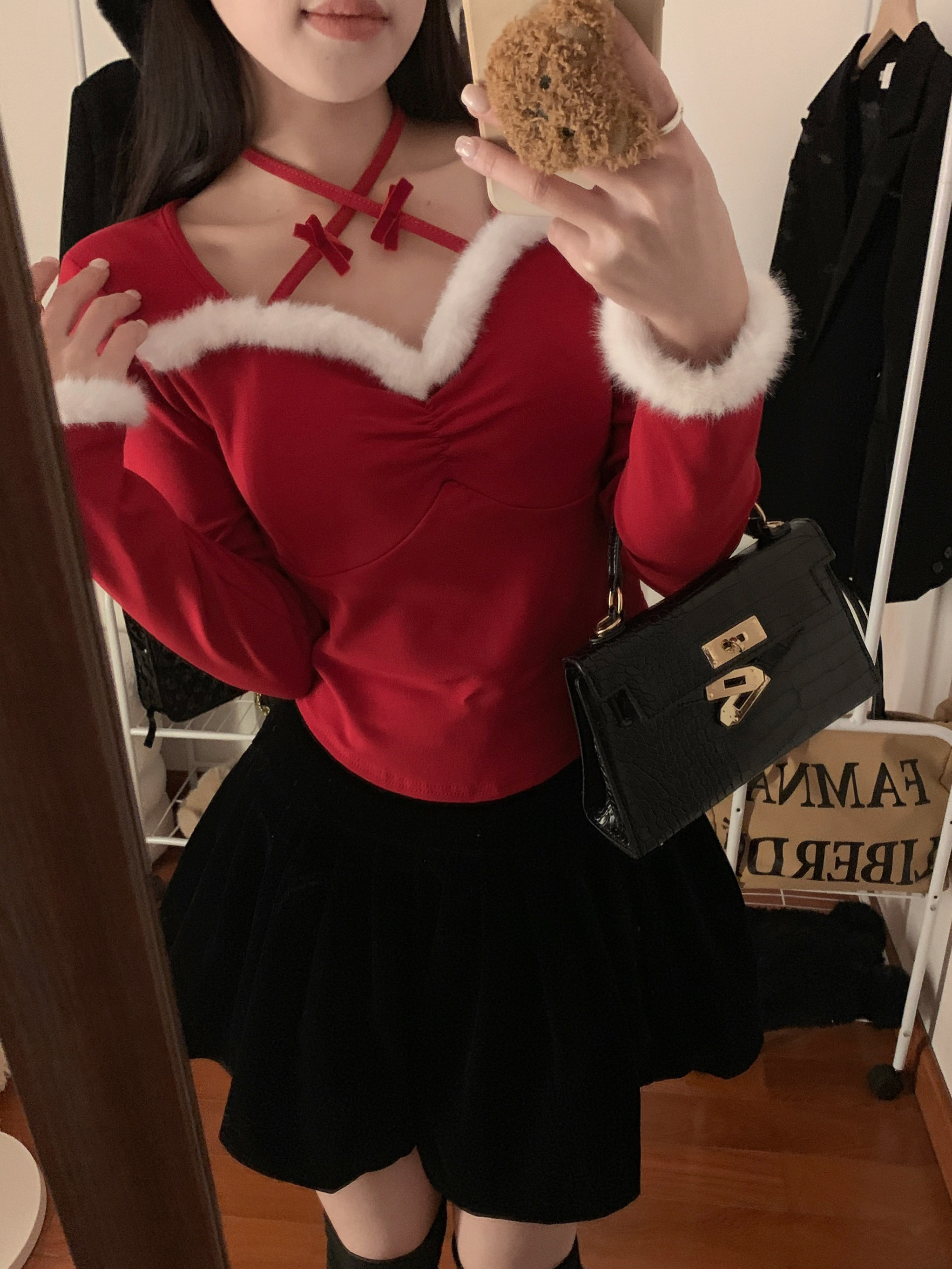 實拍 純欲掛脖綁帶長袖T恤打底衫聖誕紅上衣漂亮洋氣毛衣女
