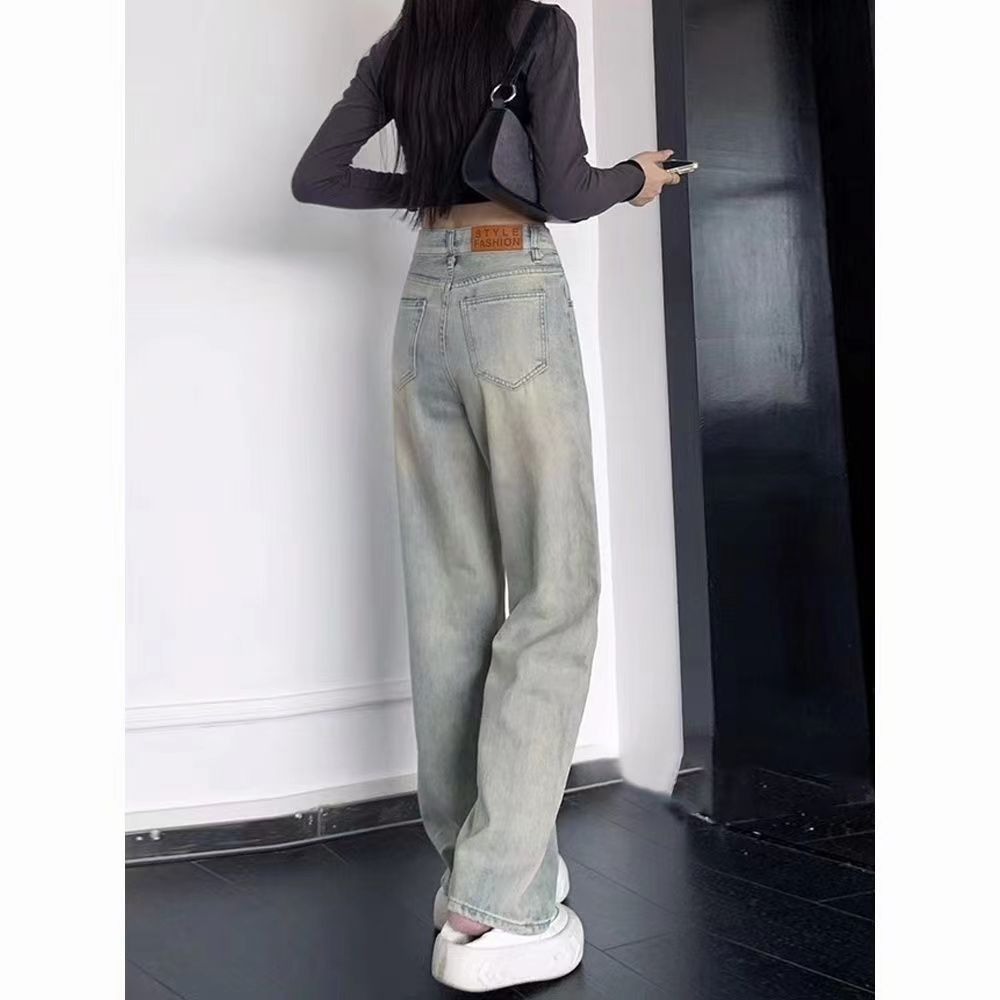 高腰個性牛仔褲女春秋新款美式辣妹高街寬鬆復古毛邊拖地闊腿褲潮