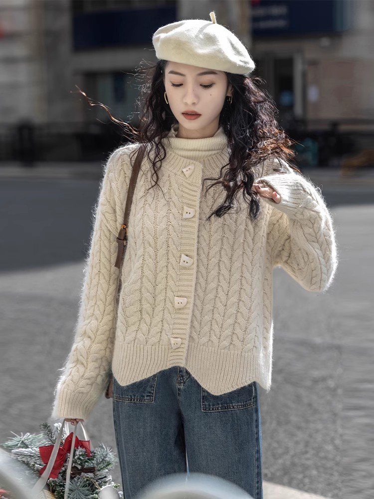 Rabbit fur!  Milk fufu sweater jacket for women 2023 autumn and winter new style horn button twist warm knitted cardigan thickened