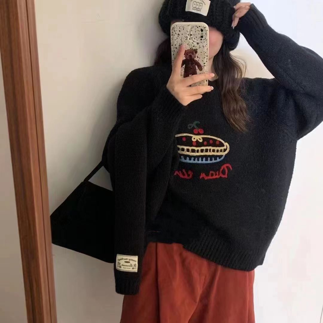 2023秋冬新款韓系圓領減齡水果蛋糕提花毛衣女慵懶厚實軟糯針織衫