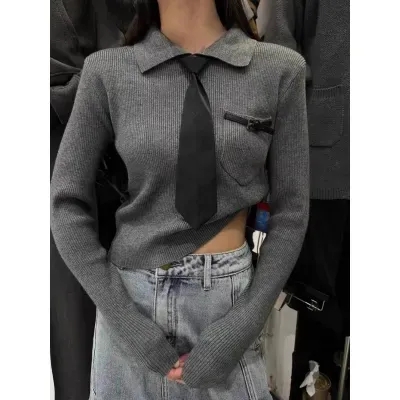 Thirteen Lines Autumn Clothing for Women 2023 New Korean-style Western Style Age-reducing Slimming Lapel Short Knitted Sweater Top