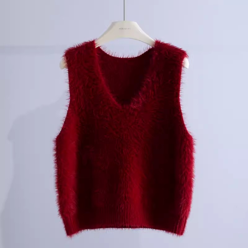 Retro style imitation mink velvet sweater vest for women 2023 autumn and winter new style loose V-neck sleeveless knitted vest thick