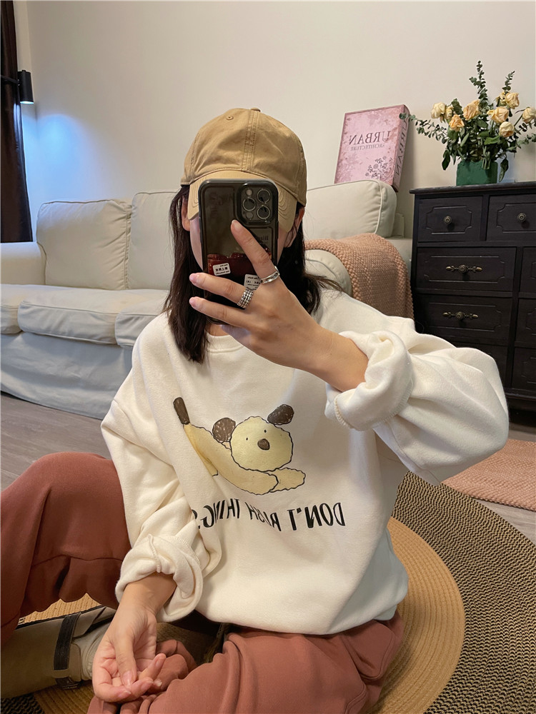 Official photo Chinese cotton composite thin 310g/plus velvet 410g autumn and winter sweatshirt for women with printed loose large size