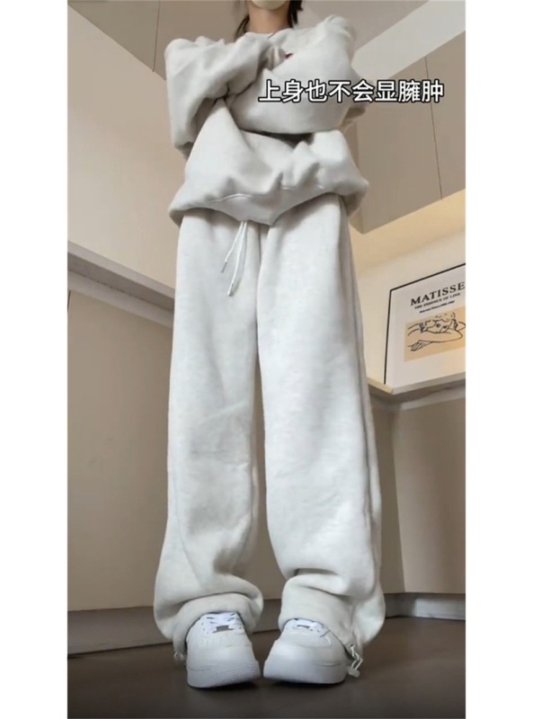 羊羔毛加絨加厚休閒褲女秋冬2023新款直筒寬鬆顯瘦抽繩闊腿褲衛褲