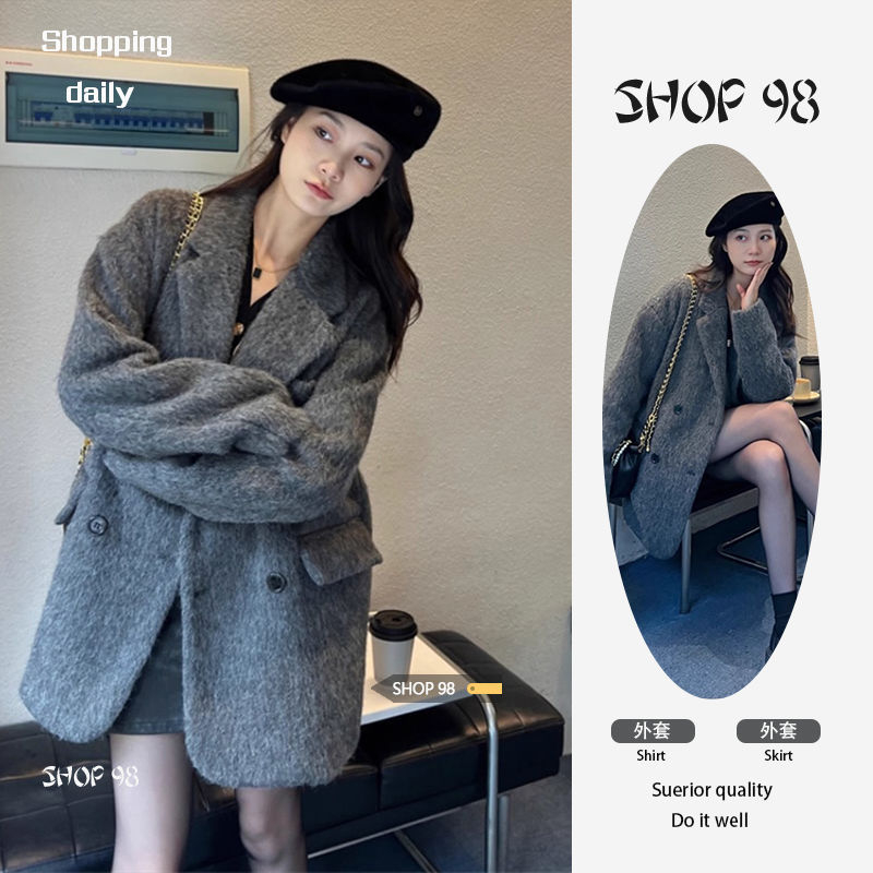 灰色英倫風秋冬新款中長款夾棉加厚毛呢外套高級感女