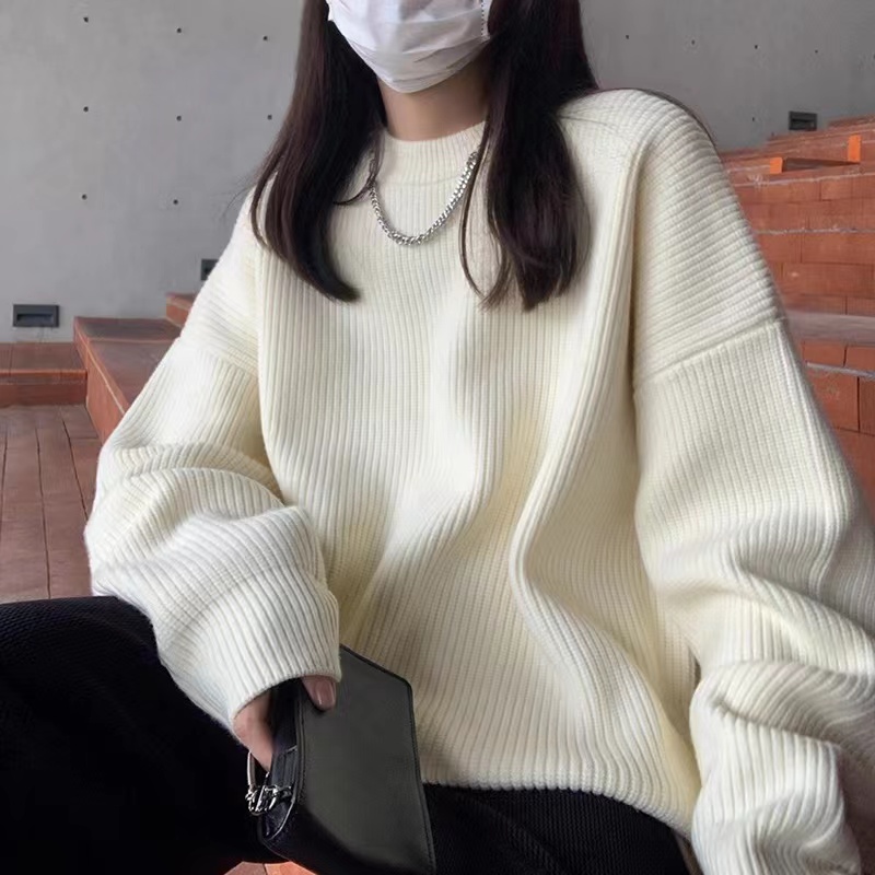 慵懶風潮酷毛衣女秋冬寬鬆圓領套頭長袖針織衫打底chic學院風韓范