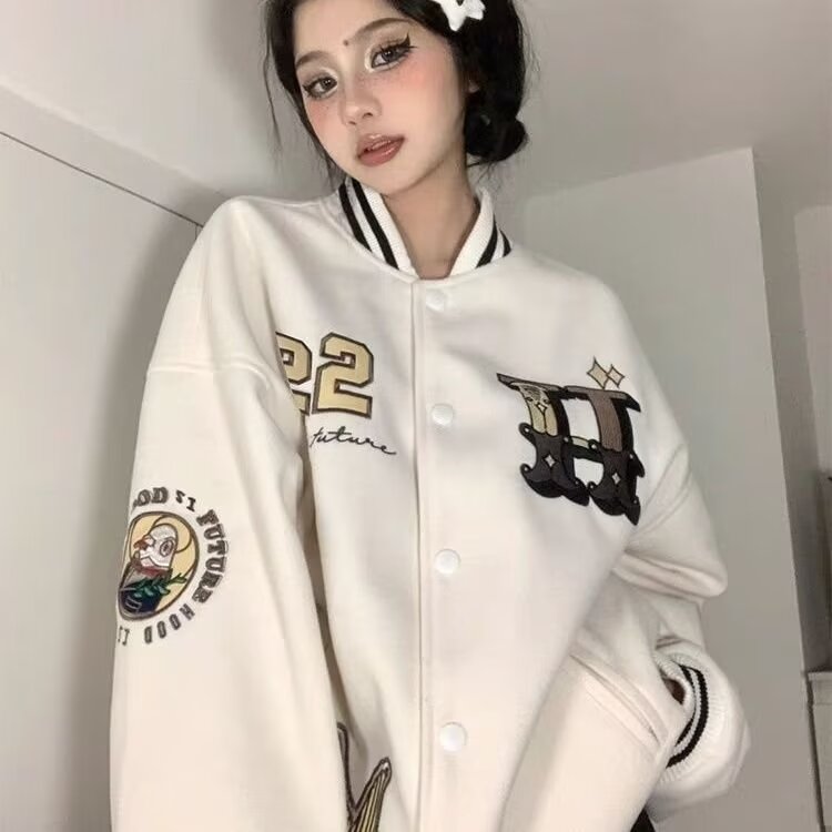 美式街頭棒球服女秋季單排扣字母刺繡長袖重磅情侶寬鬆夾克外套潮