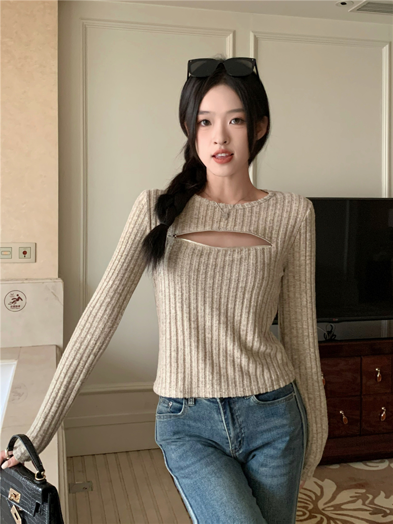 Actual shot of a zippered knitted sweater with a small design, a feminine and chic slim-fitting short long-sleeved sweater base layer top