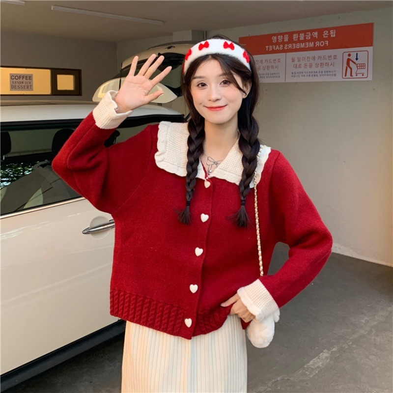 Thickened autumn and winter retro sweater for women new short loose doll collar knitted cardigan Christmas bright red