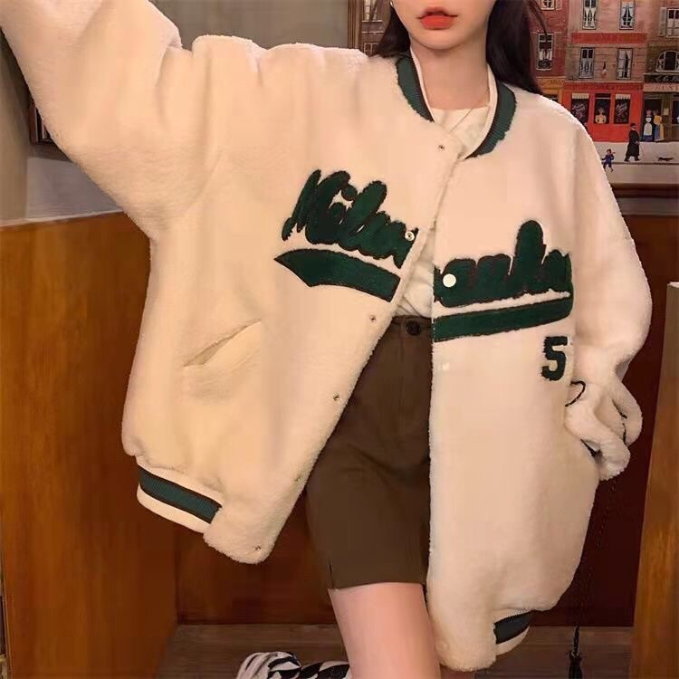 2023新款羊羔絨初冬復古棒球服外套韓版寬鬆百搭男女上衣ins風潮