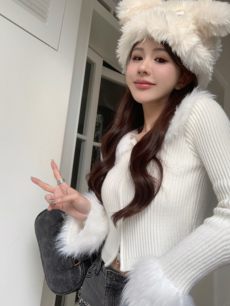 實拍毛毛領毛衣女秋冬2023新款短款開衫拉鏈顯瘦百搭上衣