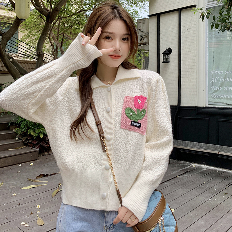 Gentle wind lapel long-sleeved sweater women's autumn new design flower niche knitted cardigan short top