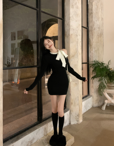 Actual shot~Penthouse Daughter Black Knitted Dress Feminine Strap Off Shoulder Niche Design Skirt