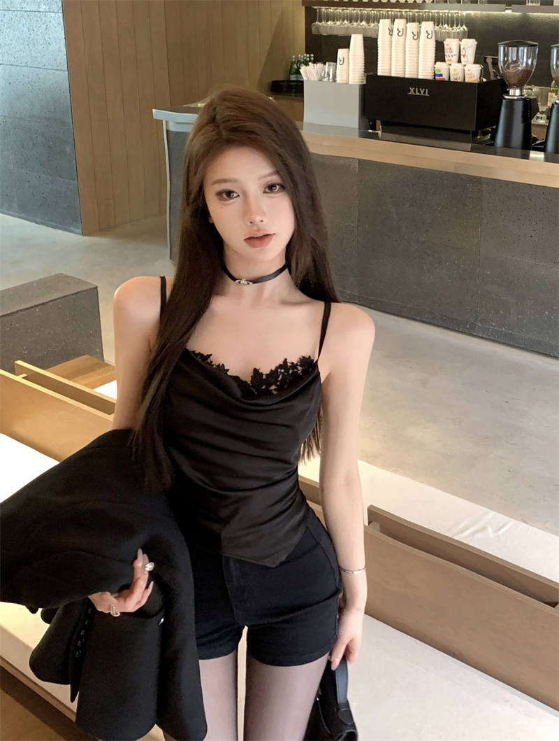 Real shot of fake lace two-piece satin sexy autumn and winter suit with sweater and pure lust suspender for women