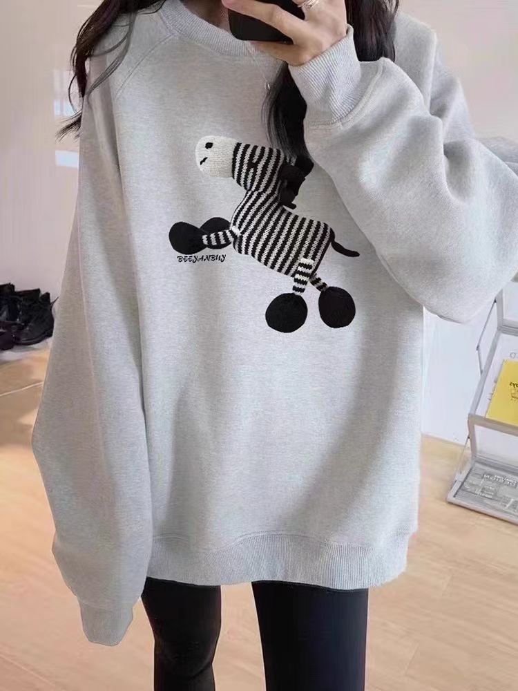 Thin Chinese cotton milk silk plus velvet Chinese cotton silver fox velvet round neck printed sweatshirt for women couple quality