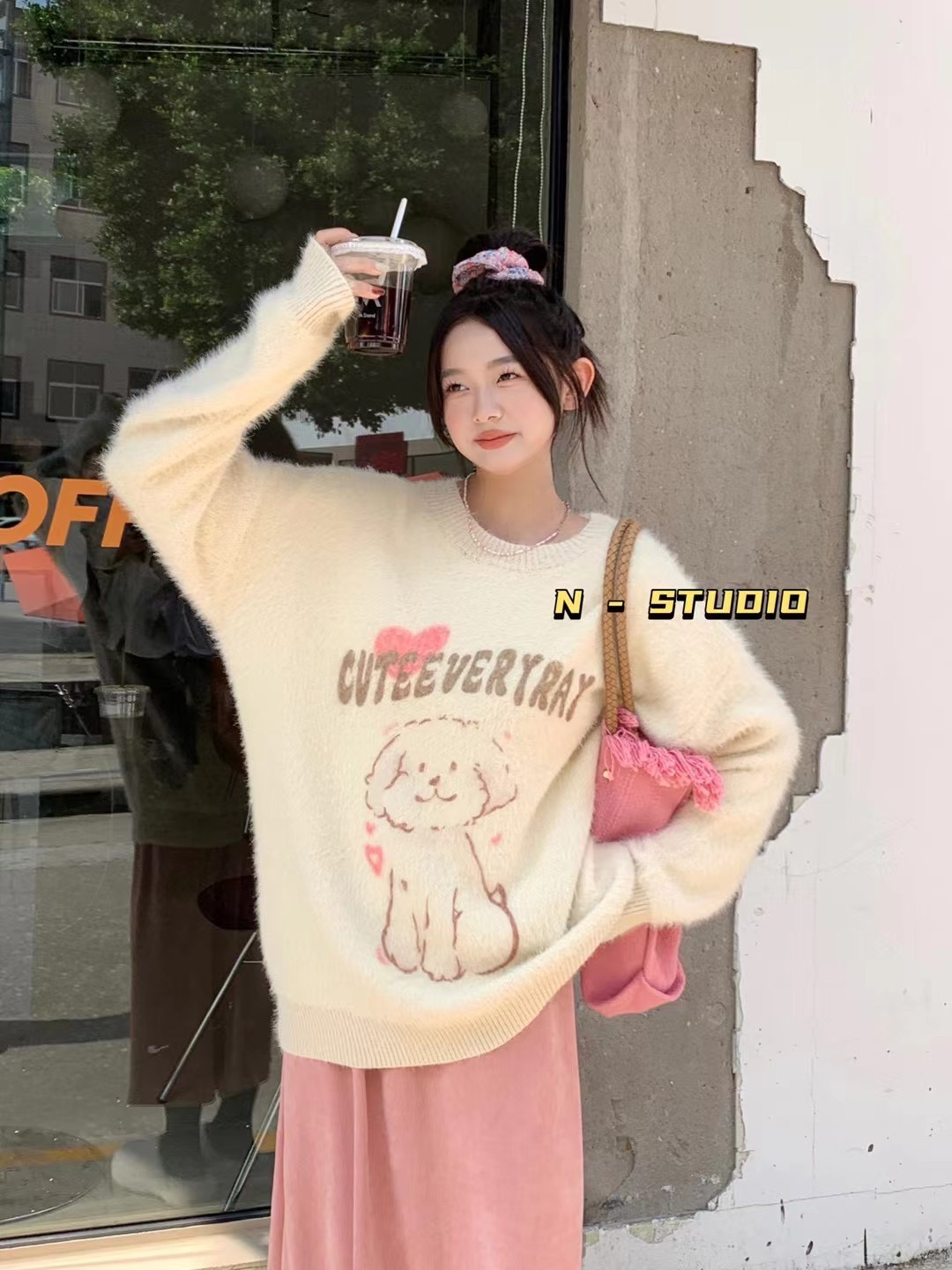 可愛卡通兔子貂絨毛衣女秋冬慵懶風寬鬆設計感軟糯印花針織衫上衣