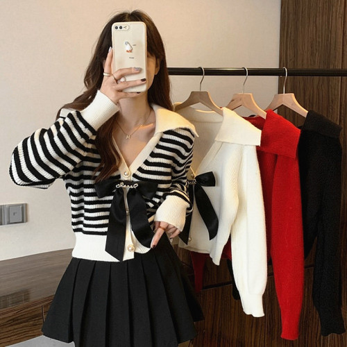 Bow striped long-sleeved sweater for women autumn and winter 2023 new high-end V-neck short top clothes for small people