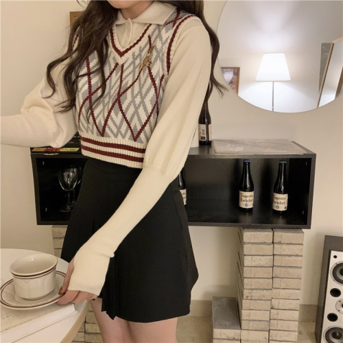 College style v-neck vest for women in fall and winter new style contrasting color stacked sleeveless sweater vest printed retro short top