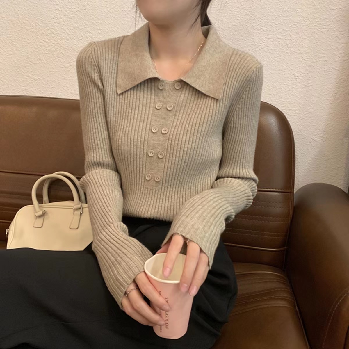 Korean style POLO collar pit striped sweater for women in autumn, slim fit lapel sweater bottoming shirt with chic top