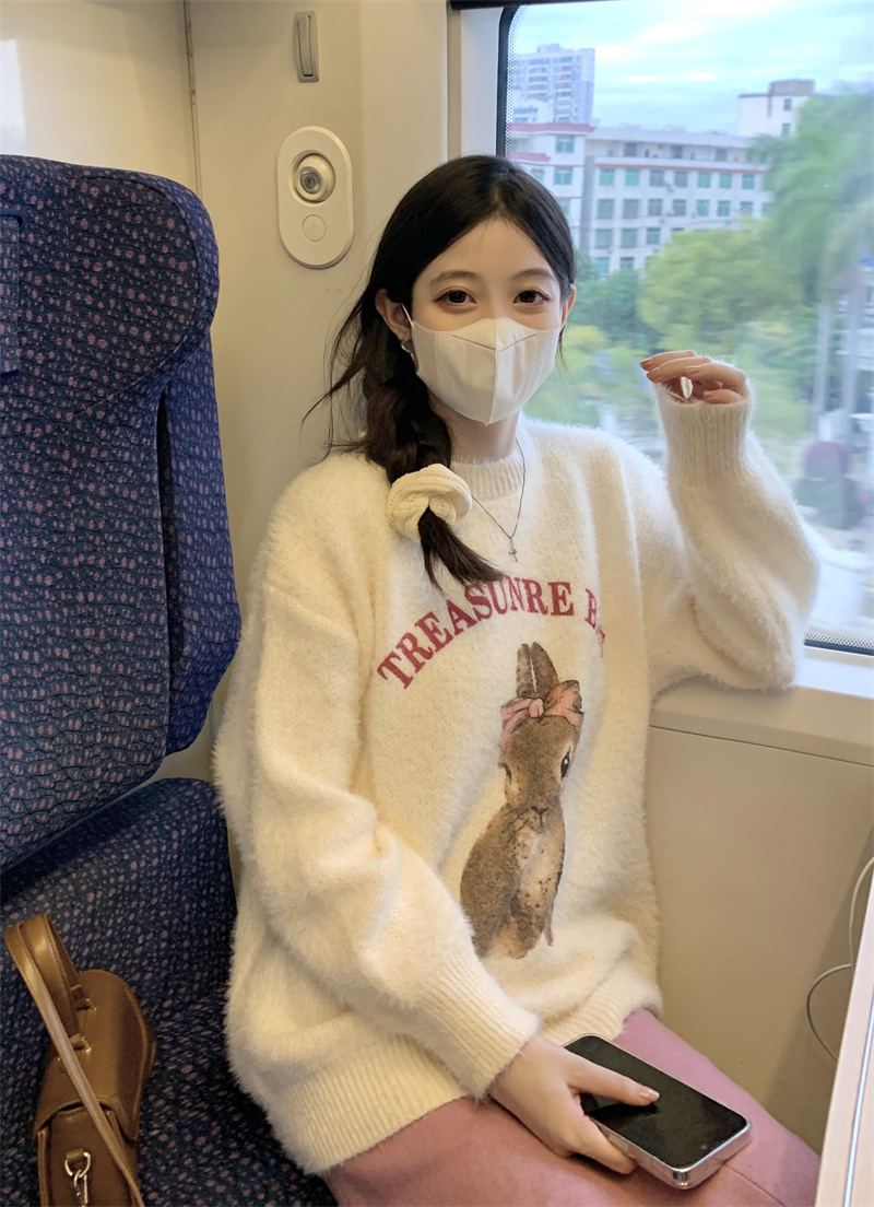 實拍~慵懶風兔子提花毛衣甜美寬鬆長袖針織衫毛絨上衣